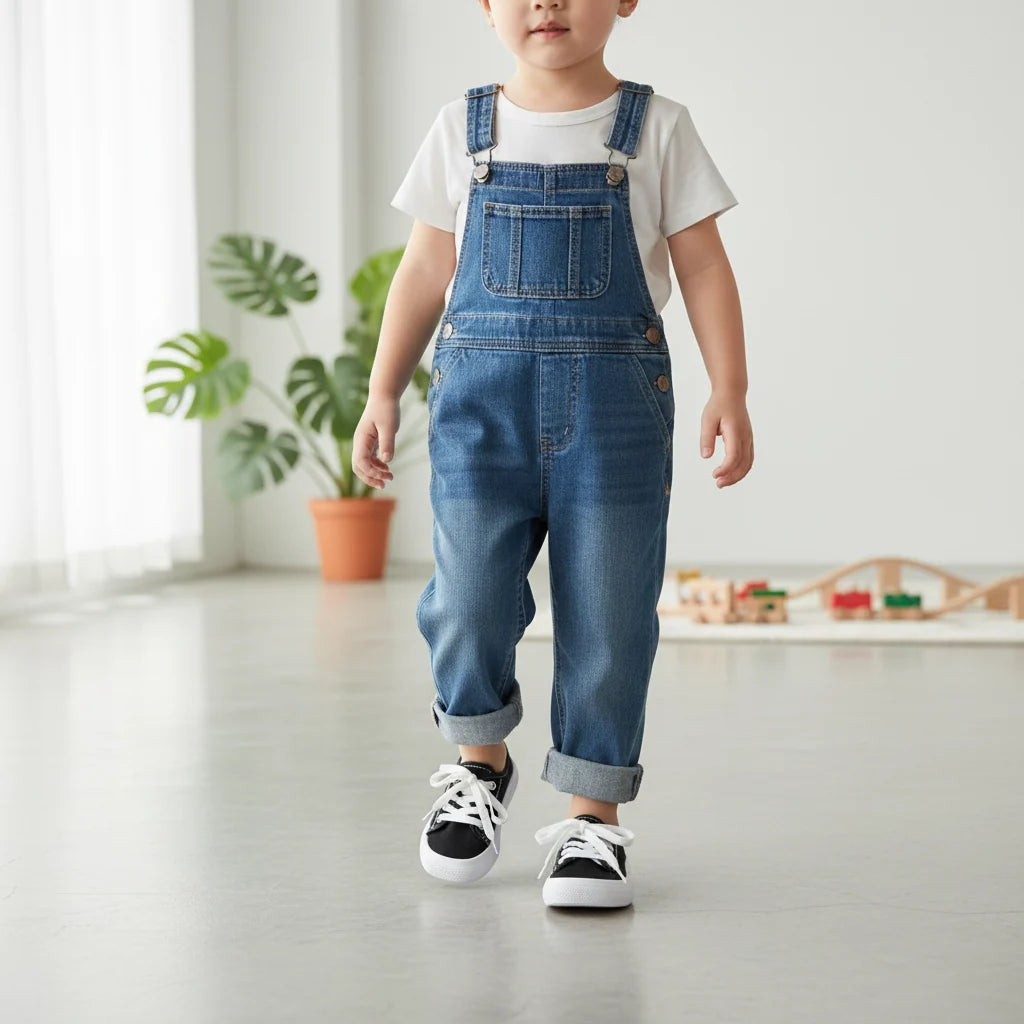 A toddler walking indoors wearing blue denim overall-style pants over a white T-shirt, with black-and-white sneakers. The room has a light gray floor, white walls, a potted plant, and a small wooden toy setup in the background.