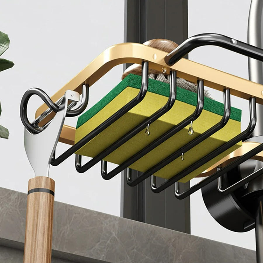 Kitchen rack with cleaning tools and sponge on a kitchen counter