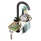 Kitchen sink caddy with soap bottle, sponge, and dishcloth on a white background