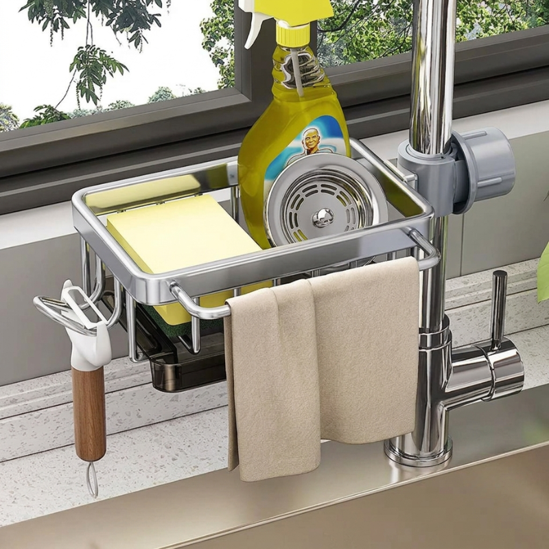 Kitchen sink caddy with cleaning supplies, sponge, and towel on a kitchen counter.