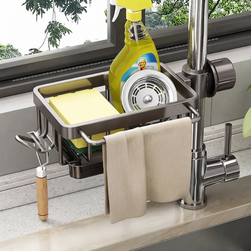 Kitchen sink caddy with cleaning supplies and a towel on a kitchen counter.