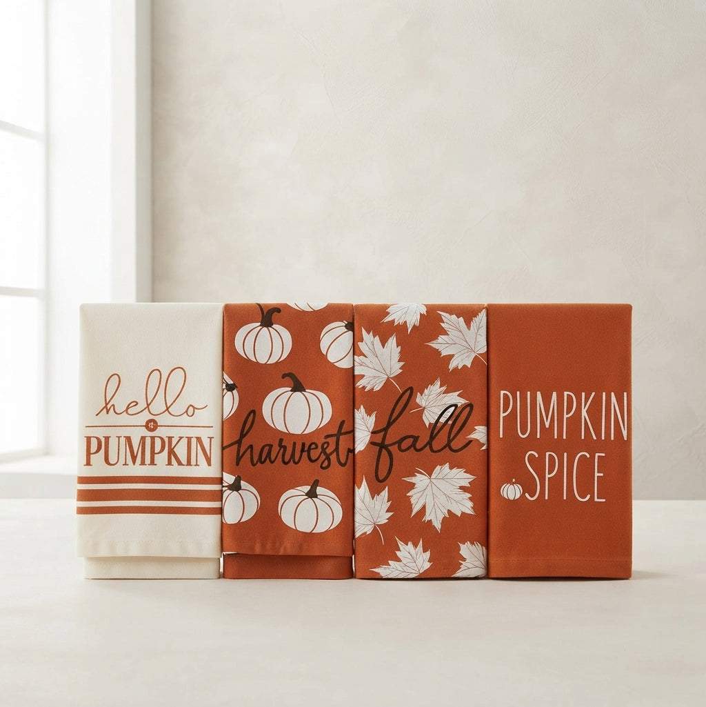 Four autumn-themed fabric towels or napkins displayed side by side on a light surface. The set includes designs with 'hello PUMPKIN', 'harvest fall', white pumpkins on an orange background, and 'PUMPKIN SPICE' text on an orange background.