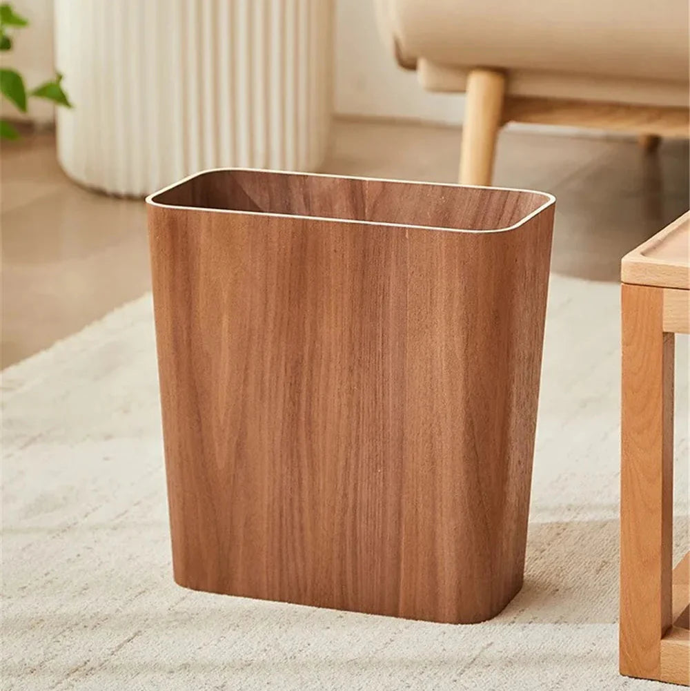 Wooden trash can in a living room setting