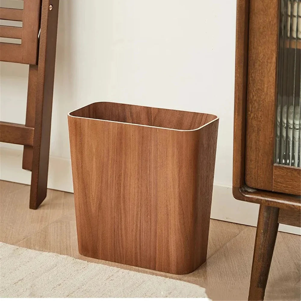 Wooden trash can in a room with wooden furniture
