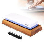 Knife sharpening stone with two grit levels on a wooden base, with a honing steel next to it.