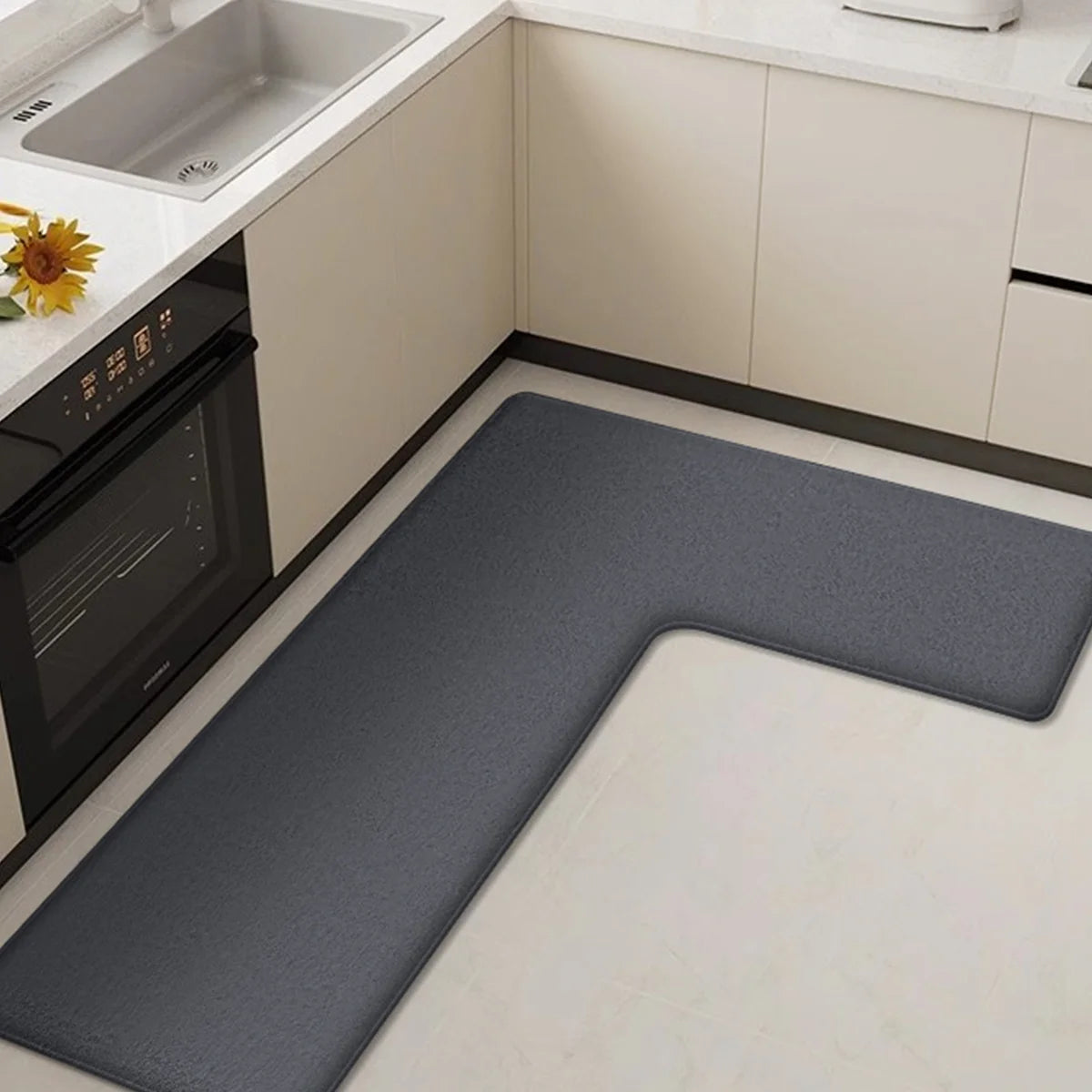 L-Shaped Anti-Fatigue Kitchen Mat with Non-Slip Backing – Soft Flannel, Washable and Highly Absorbent Kitchen Rug 1