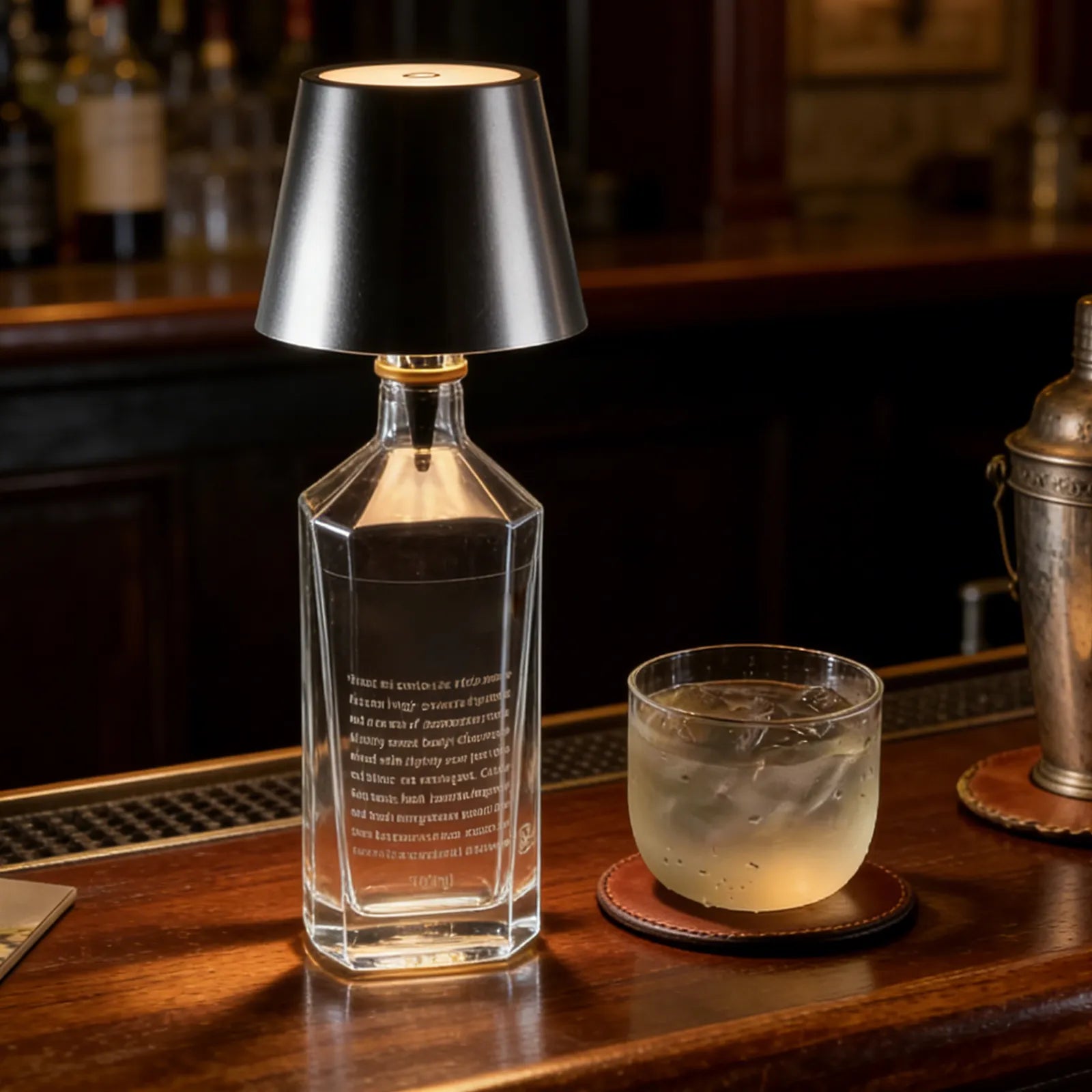 Clear bottle lamp with black shade on a bar counter next to a glass of cocktail.
