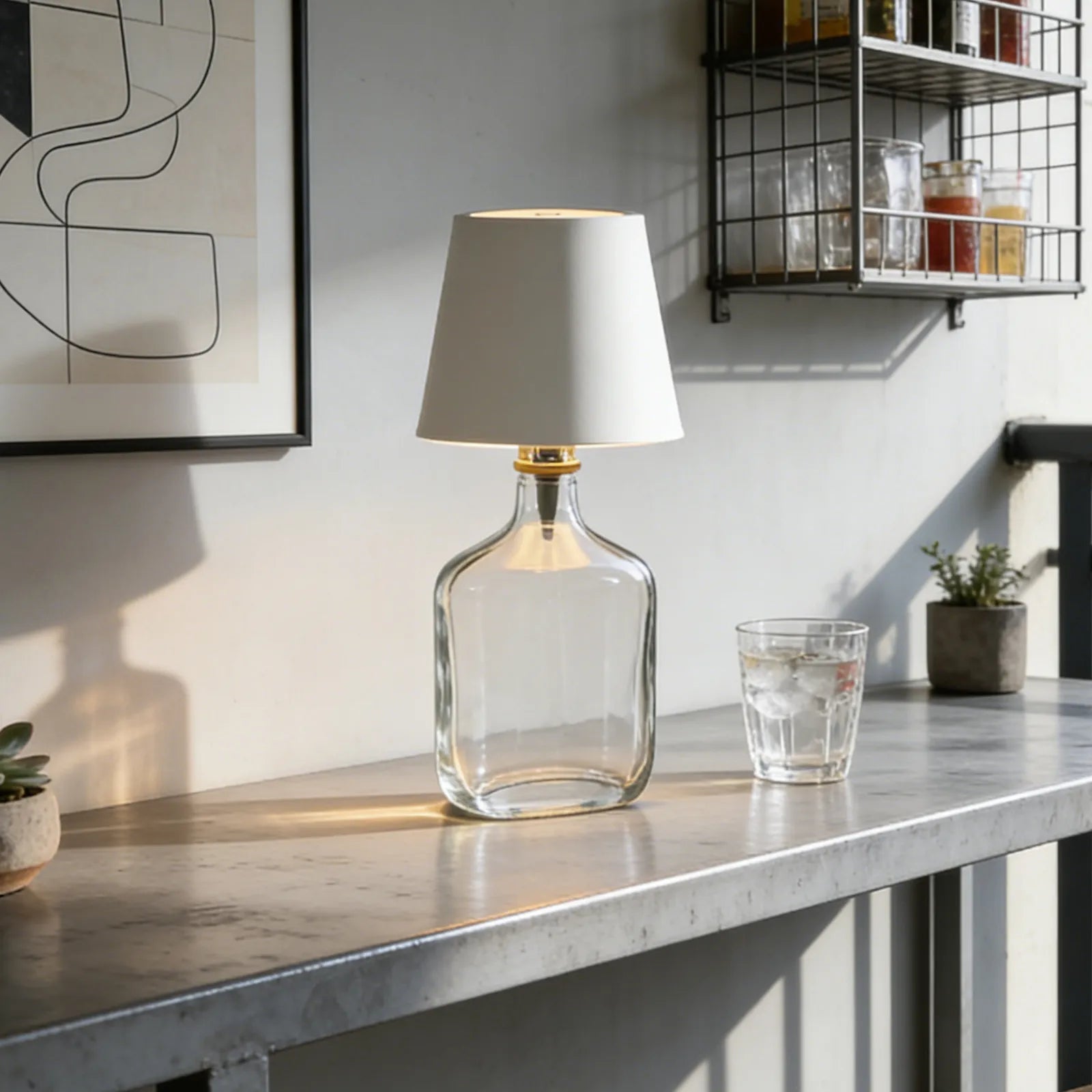 Table lamp with a clear glass base and white shade on a concrete surface.