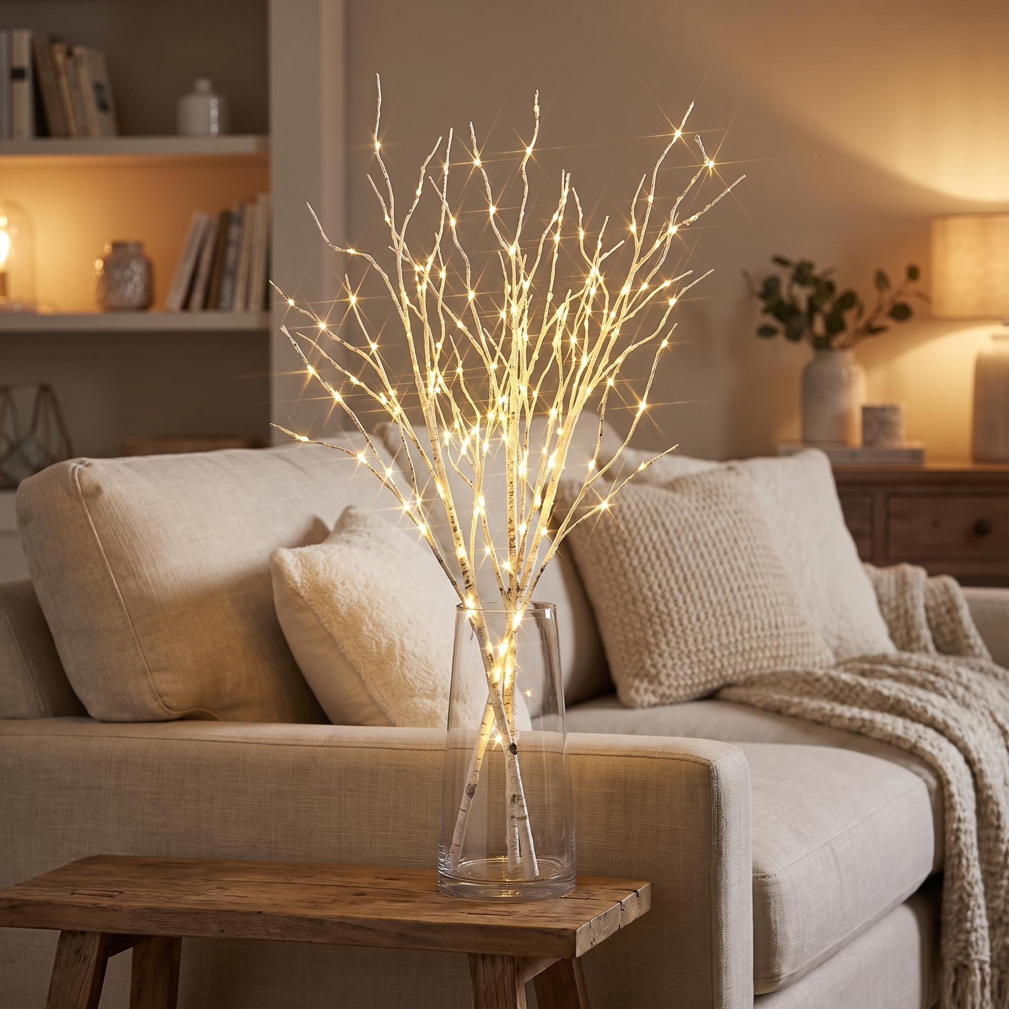 A decorative branch-style light fixture with glowing warm white fairy lights in a clear glass vase, placed on a wooden side table in a cozy living room setting.