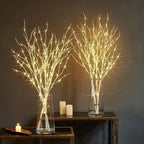Two glass vases with illuminated branches on a dark surface against a dark background