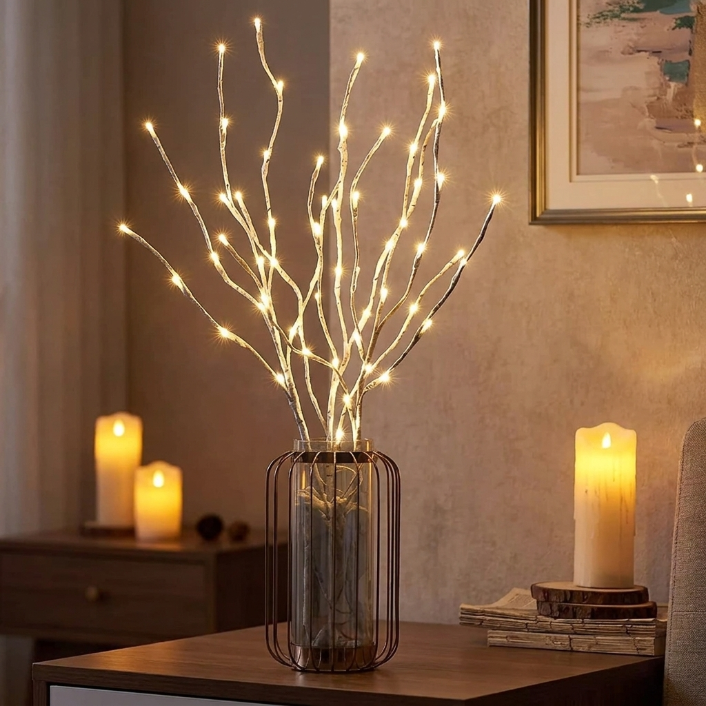 A decorative branch-shaped light fixture with glowing warm white LED lights in a clear glass vase with a black metal cage, placed on a wooden table in a warmly lit room.