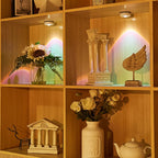 Wooden shelf with decorative items including flowers, statues, and a teapot.
