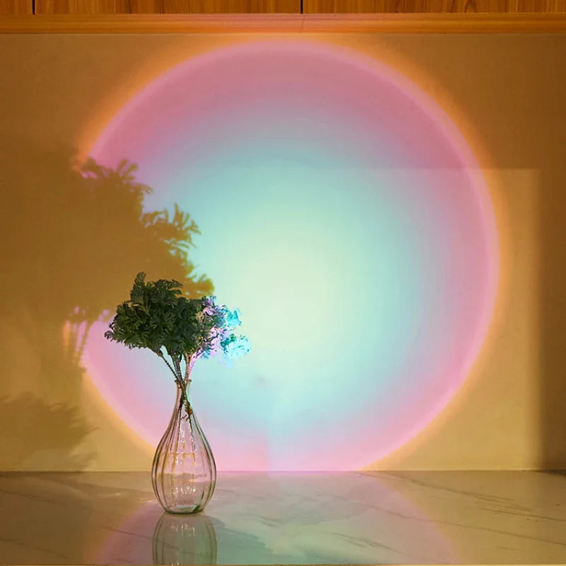 Vase with flowers on a reflective surface with colorful circular light projection
