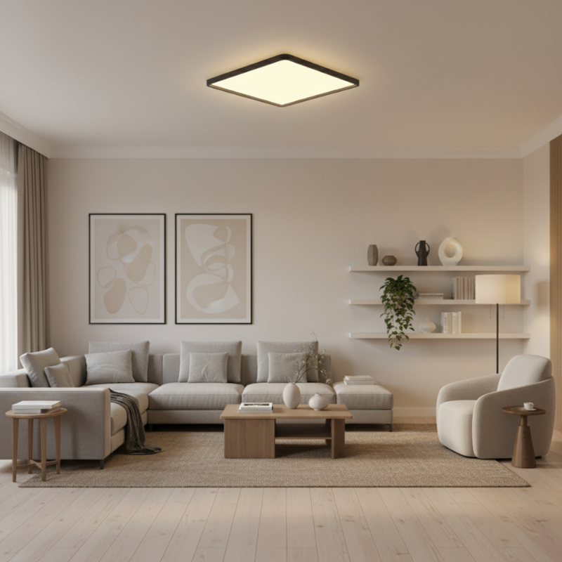 Modern living room with a sectional sofa, coffee table, and decorative items.