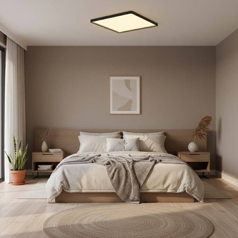 Modern bedroom with a bed, nightstands, and wall art.