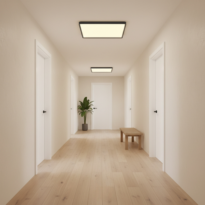 Modern hallway with light wood flooring, white walls, and ceiling lights.