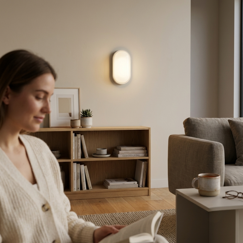 Woman sitting in a cozy living room with a book and a cup of coffee.