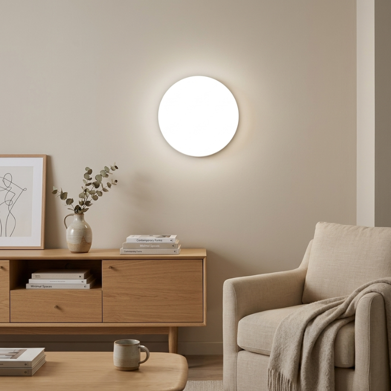 Round wall light fixture in a living room setting with a wooden side table and beige sofa.