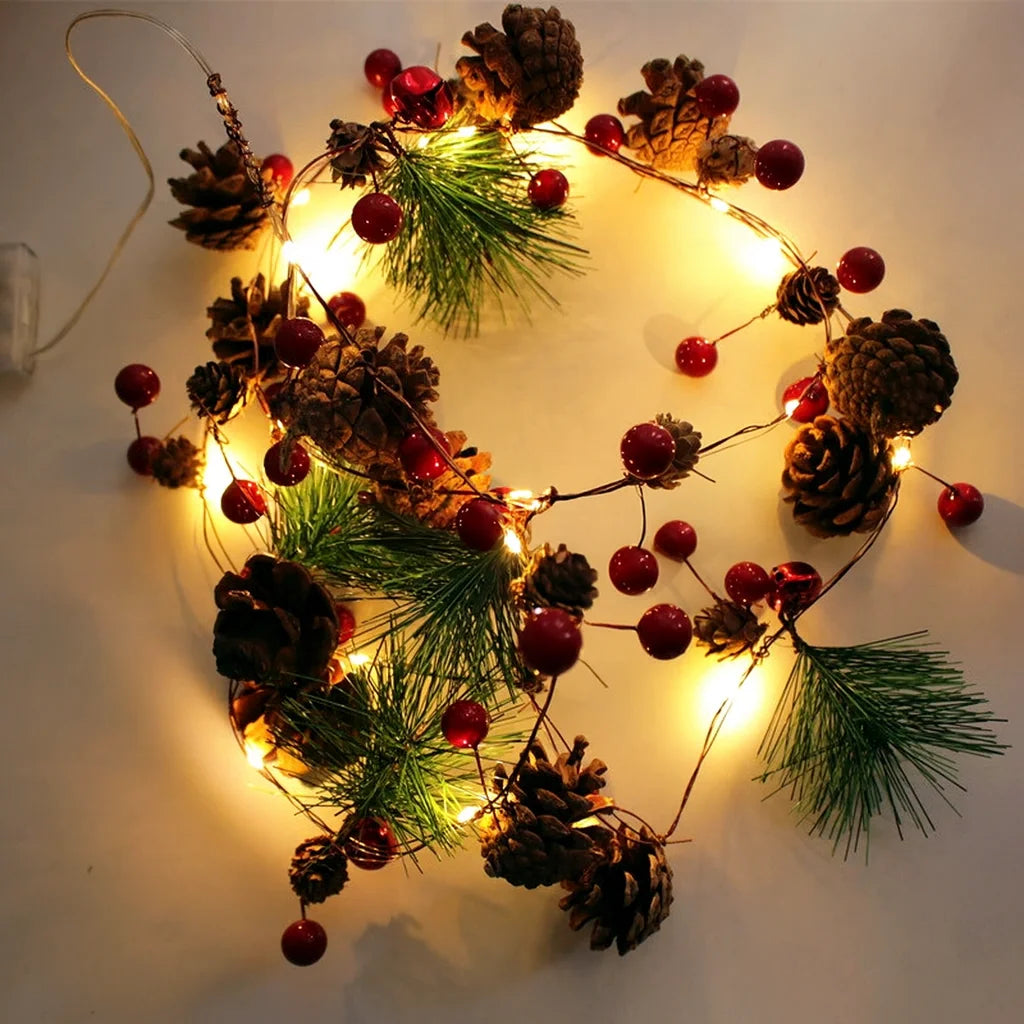 LED Christmas Bell & Pine Cone String Lights - Battery Operated Warm Glow 0