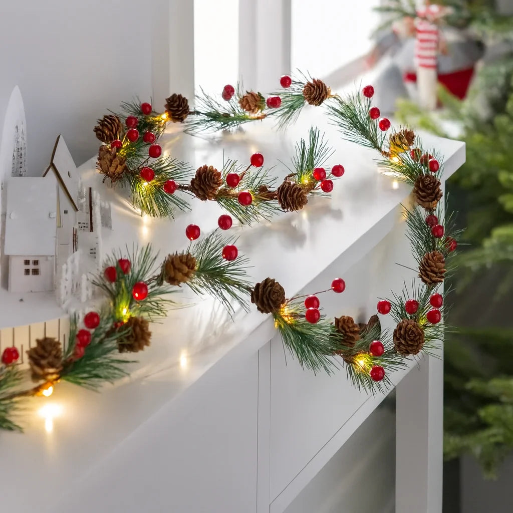 LED Christmas Bell & Pine Cone String Lights - Battery Operated Warm Glow 14