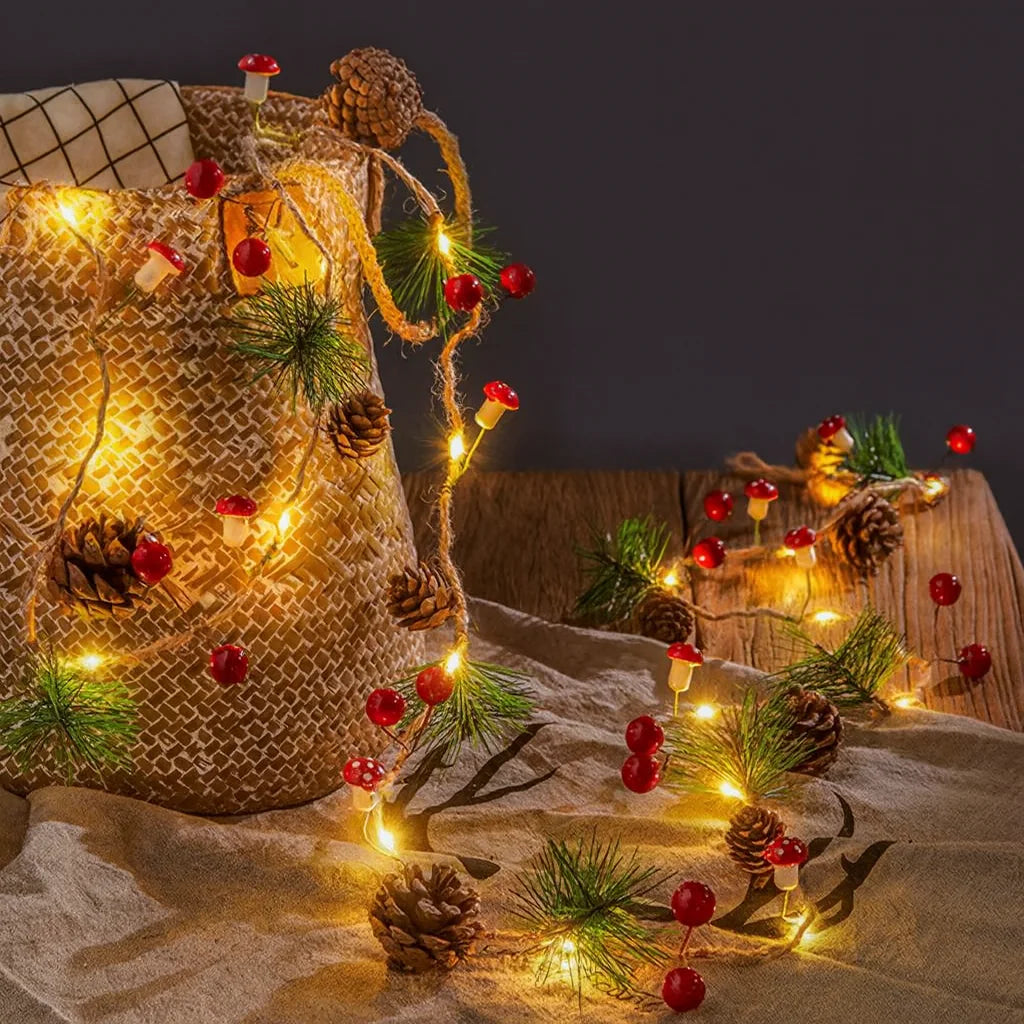 LED Christmas Bell & Pine Cone String Lights - Battery Operated Warm Glow 9