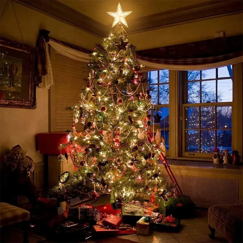 Decorated Christmas tree with lights and ornaments in a room with a window view.
