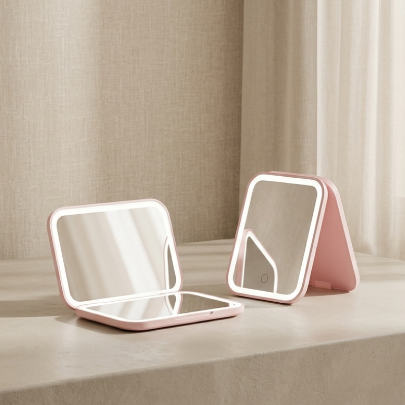Two pink compact mirrors with reflective surfaces on a neutral background
