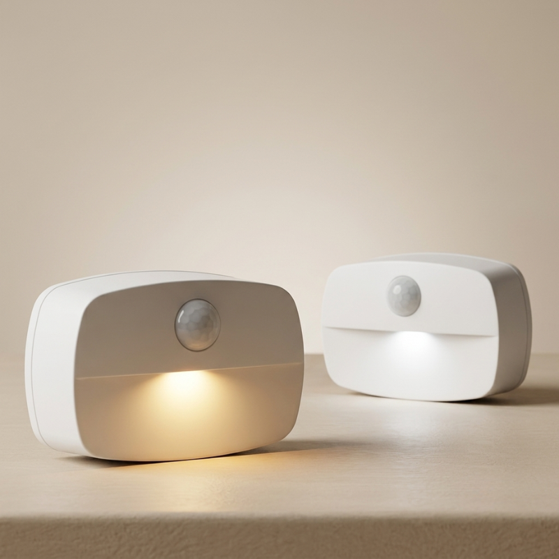 Two white motion sensor lights on a beige surface with a neutral background