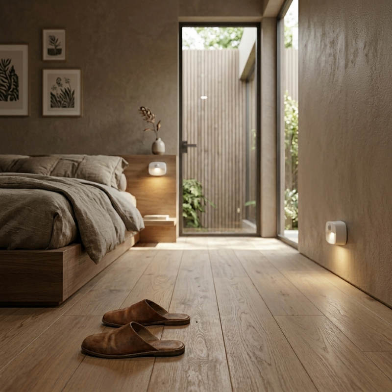 Modern bedroom with wooden floor, bed, and sliding glass door leading to outdoor area.