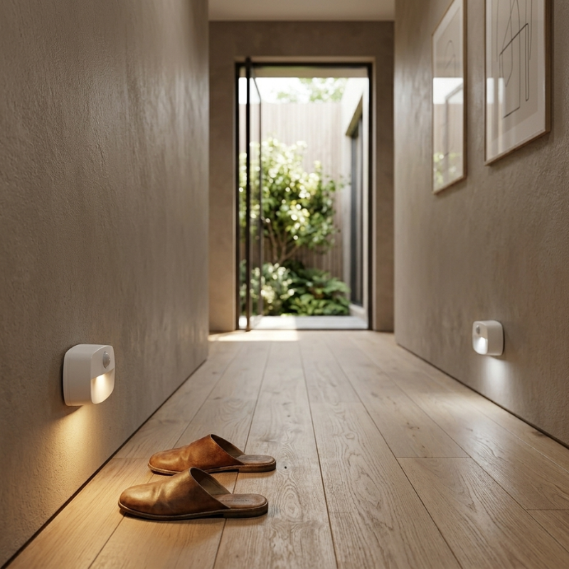 Modern hallway with wall lights, wooden floor, and a view of greenery outside.