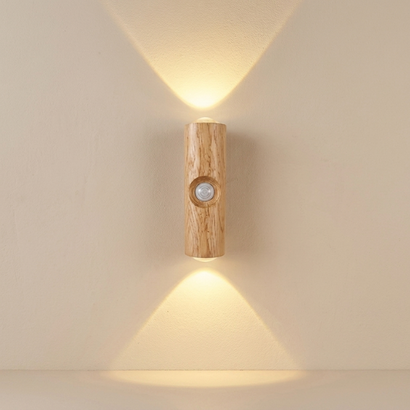 Wooden wall light fixture on a beige wall