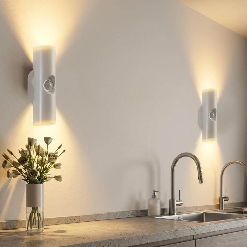 Modern kitchen with wall lights, sink, and decorative vase with flowers.
