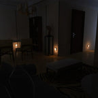 Dark room with minimal lighting, featuring a chandelier and a few small lights.