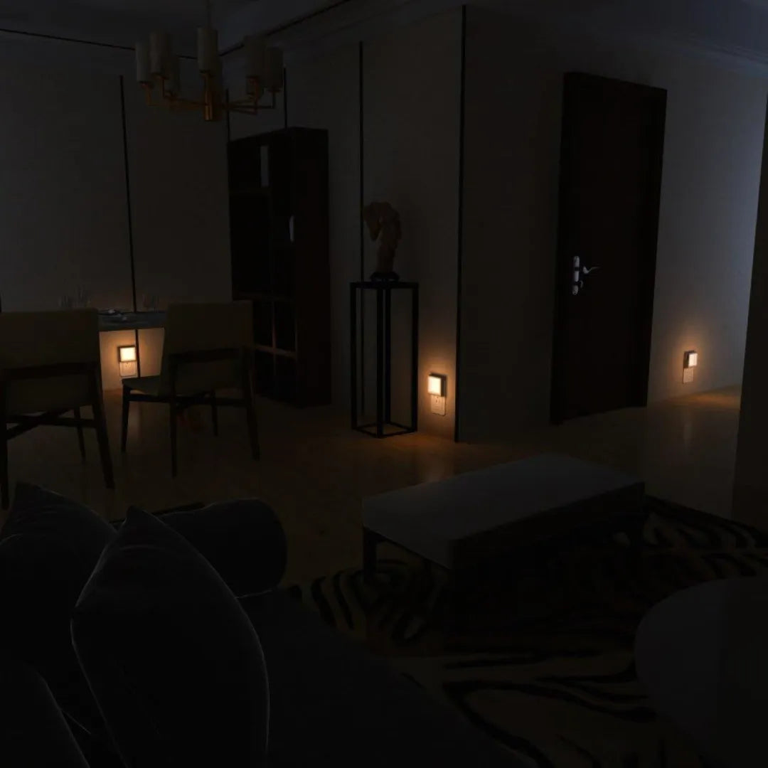 Dark room with minimal lighting, featuring a chandelier and a few small lights.