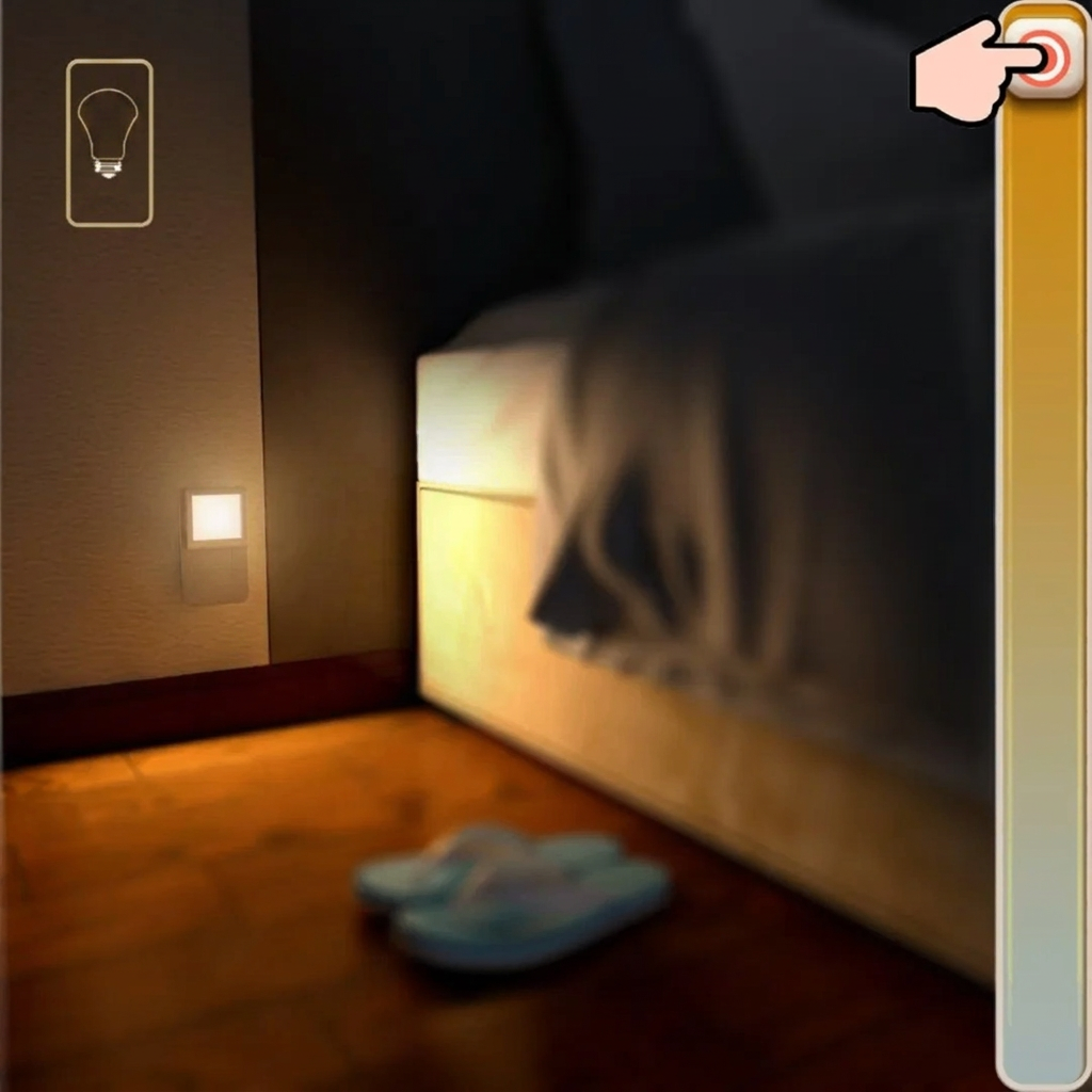 Bedroom with night light on wall and foot of bed, hand pressing a button.