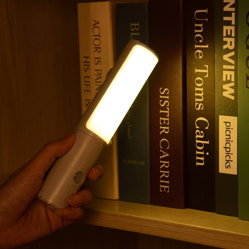 Hand holding a flashlight in front of books on a shelf