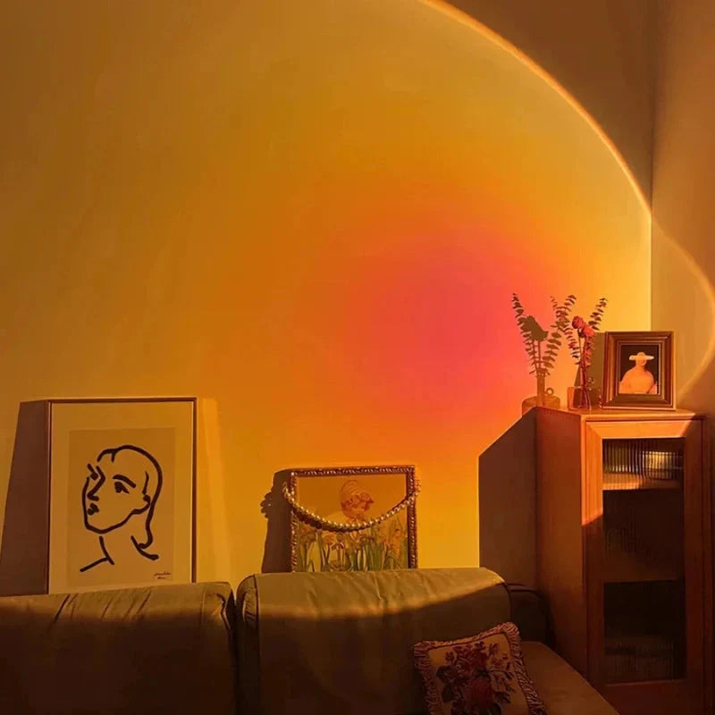 Room interior with a chair, table, and decorative items under warm lighting.