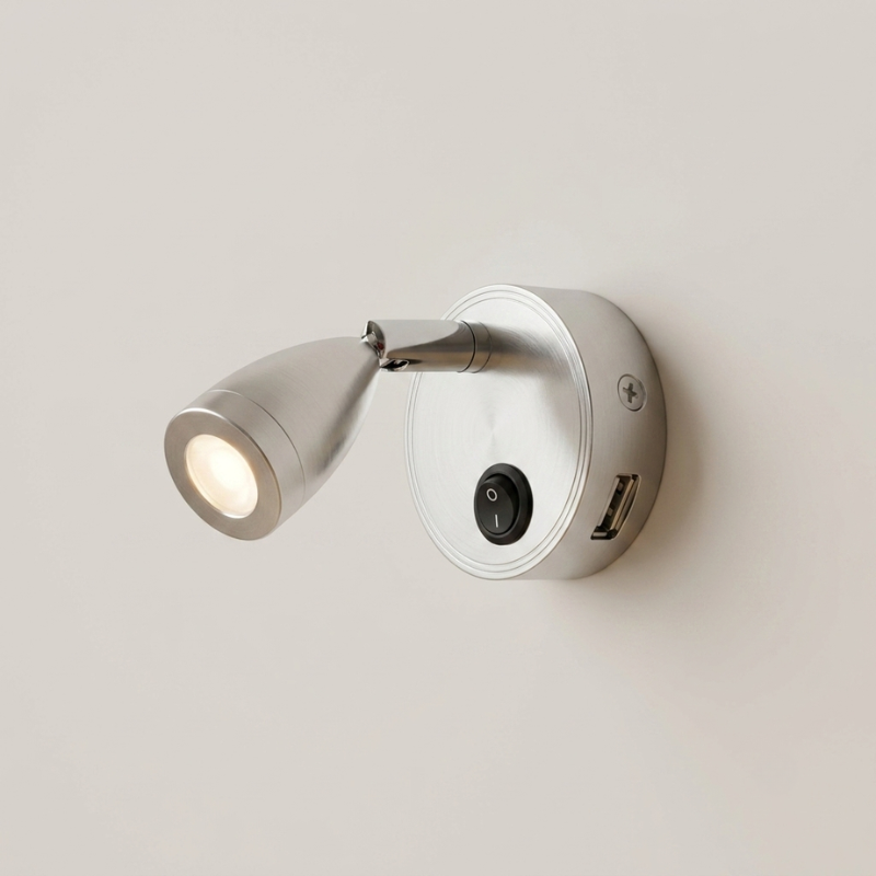 Modern wall-mounted light fixture with USB port on a neutral background