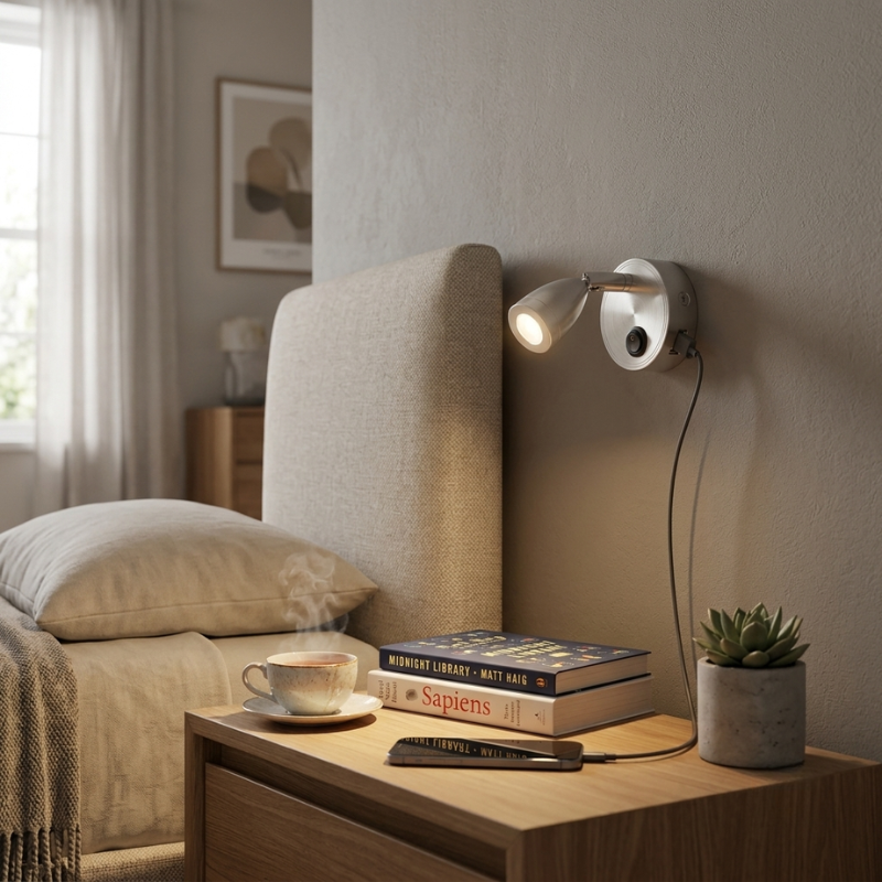 Cozy bedroom with a bed, nightstand, books, and a wall lamp.
