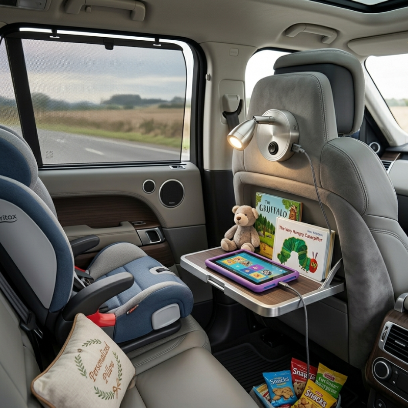 Car interior with child safety seat, tablet, snacks, and books on a tray table.