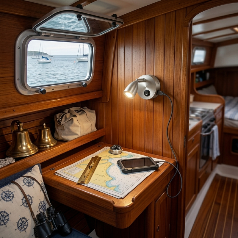 Nautical interior of a boat with wooden paneling, map, phone, and binoculars.