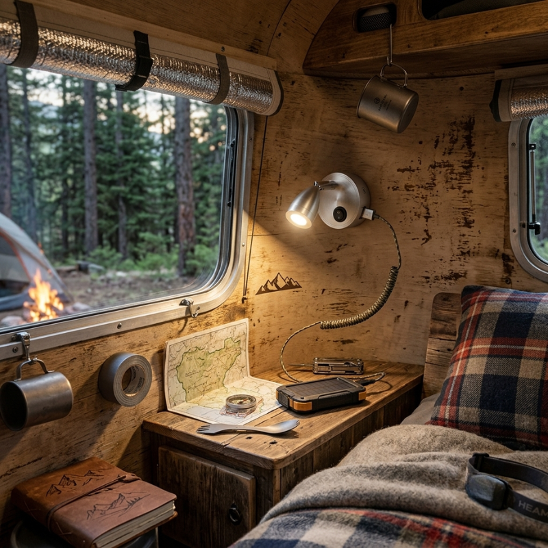 Wooden interior of a camper van with a map, cup, and light fixture, surrounded by trees outside.