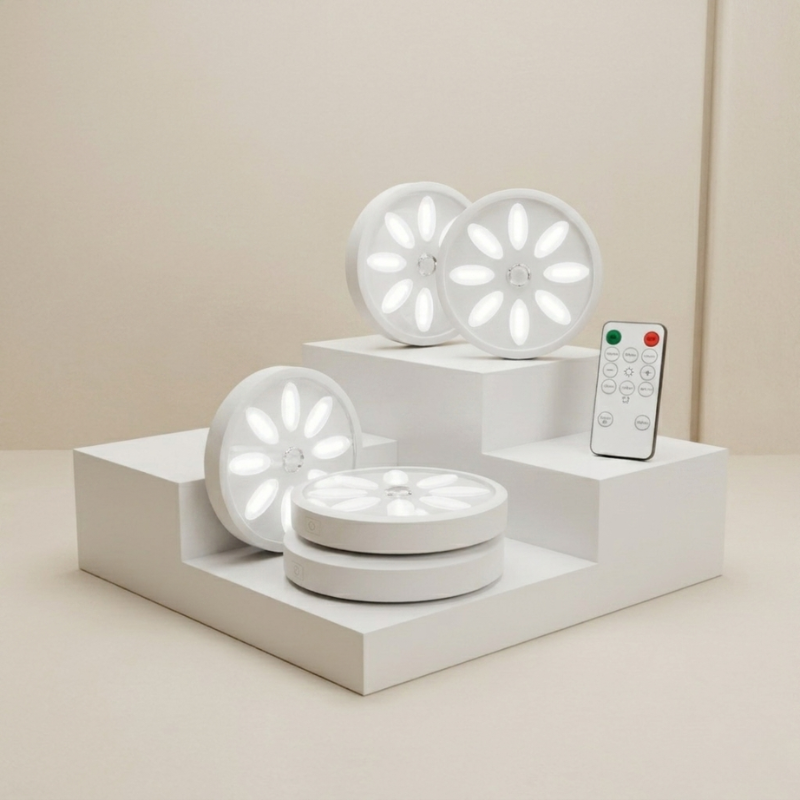 White LED light fixtures on a white stand with a remote control on a beige background