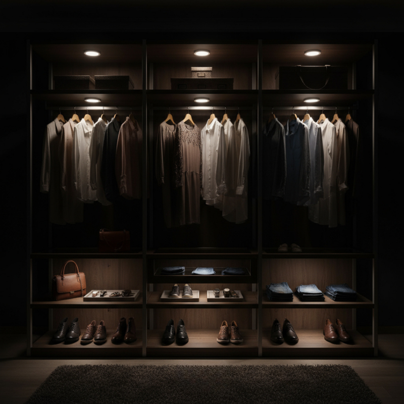 Dark closet with illuminated shelves displaying shirts, shoes, and bags.