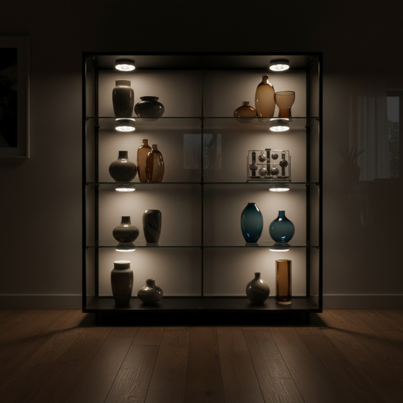 Shelving unit with decorative vases in a dimly lit room