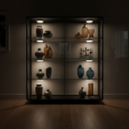 Shelving unit with decorative vases in a dimly lit room