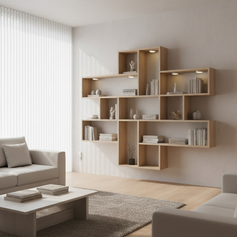 Modern living room with wooden bookshelf and light-colored furniture.