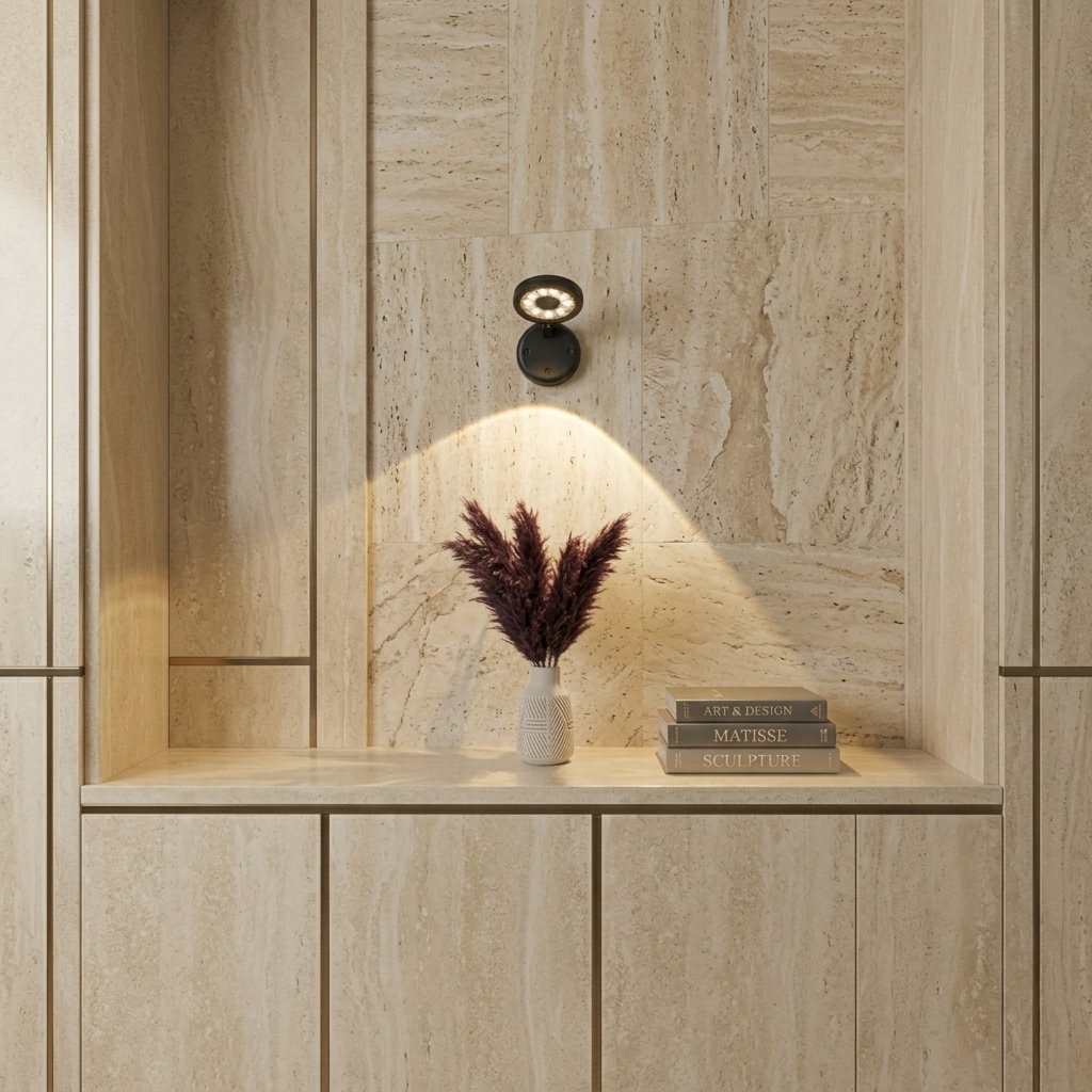 Decorative setup with a vase of dried plants and books on a stone shelf against a tiled wall.
