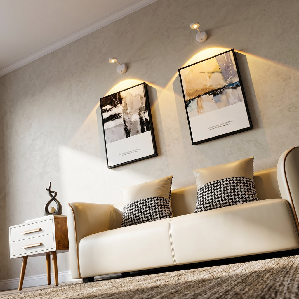 Modern living room with a beige sofa, side table, and wall art.