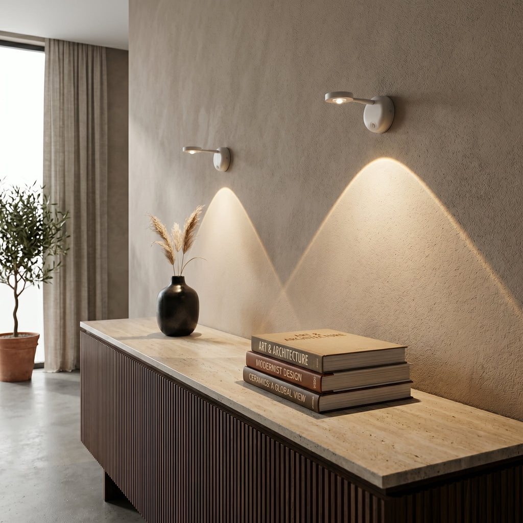 Modern interior with a wooden console table, books, and wall lights.